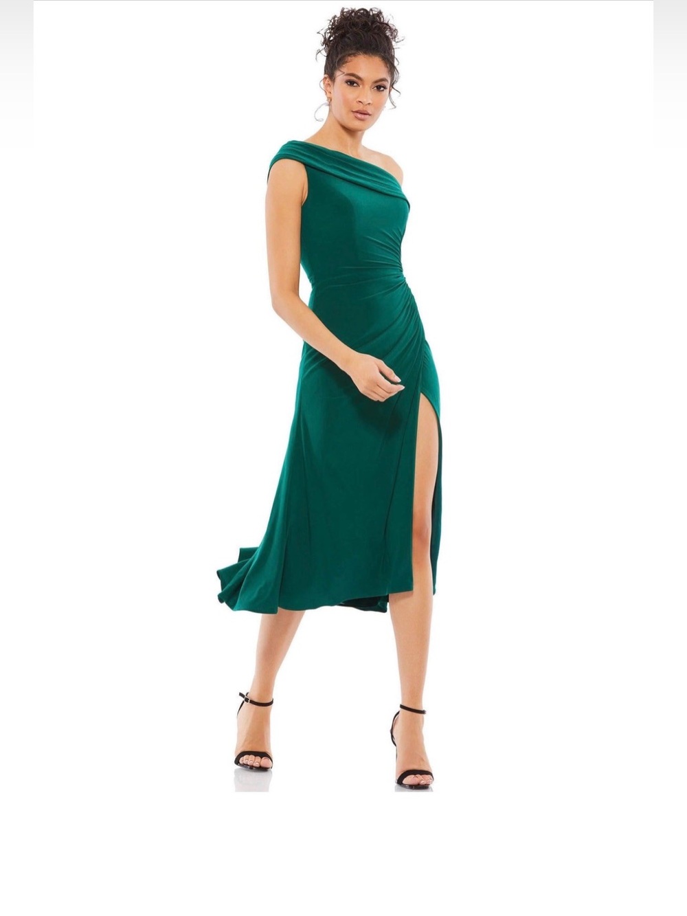 IEENA Mac Duggal | Emerald Green Off Shoulder Ruched Slit Midi Dress | 10 | NWT